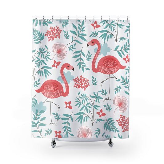 Flamingo Floral Shower Curtain β Tropical Pink Birds & Teal Leaves Bathroom Decor