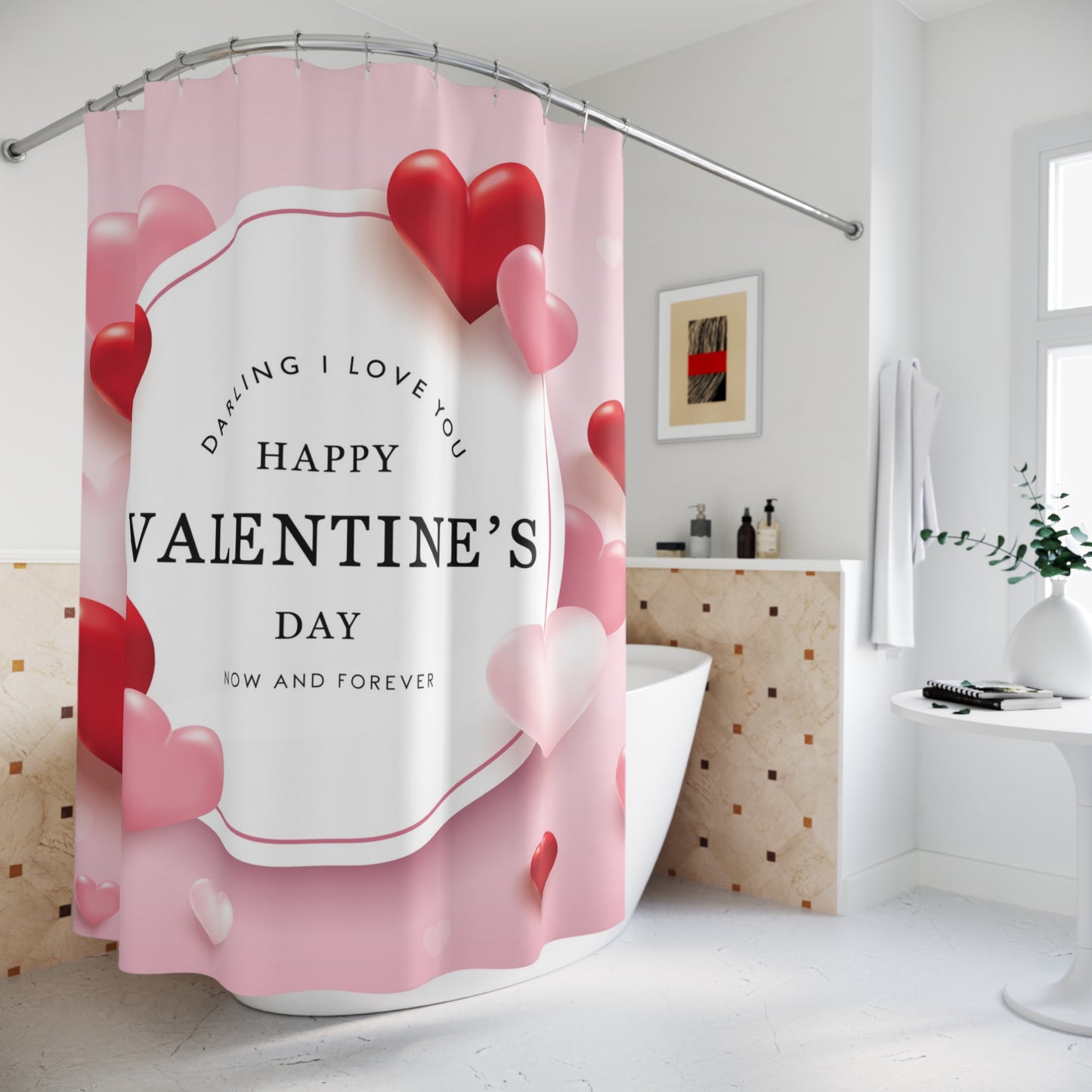 Valentine's Day Heart Shower Curtain — 'Happy Valentine's Day' Romantic Bathroom Decor
