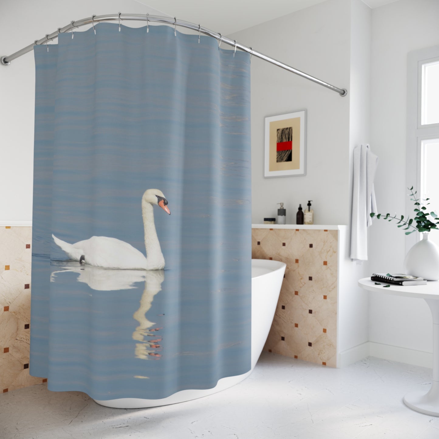 Swan on Calm Water Shower Curtain – Serene Lake Bathroom Decor, Festive Holiday Home Decor, Winter Bathroom Accessories, Xmas Decorations, Seasonal Bath Curtain