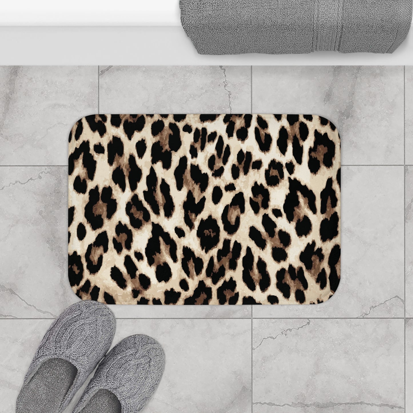 Leopard Print Bath Mat — Plush Animal Print Bathroom Rug