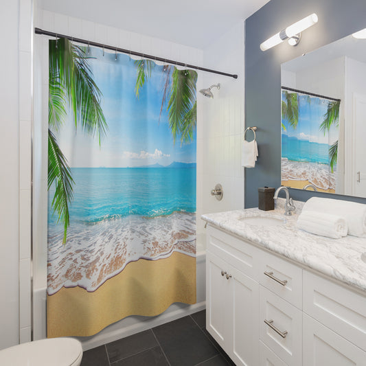 Beach Shower Curtain – Tropical Palm Seaside Bathroom Decor