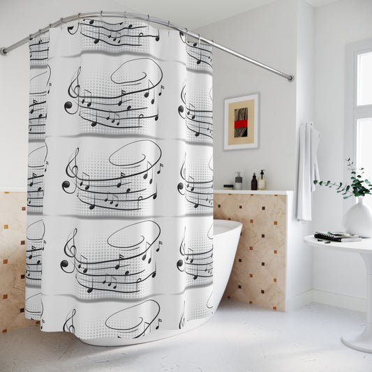 Music Notes Shower Curtain — Black & White Musical Staff Bathroom Decor