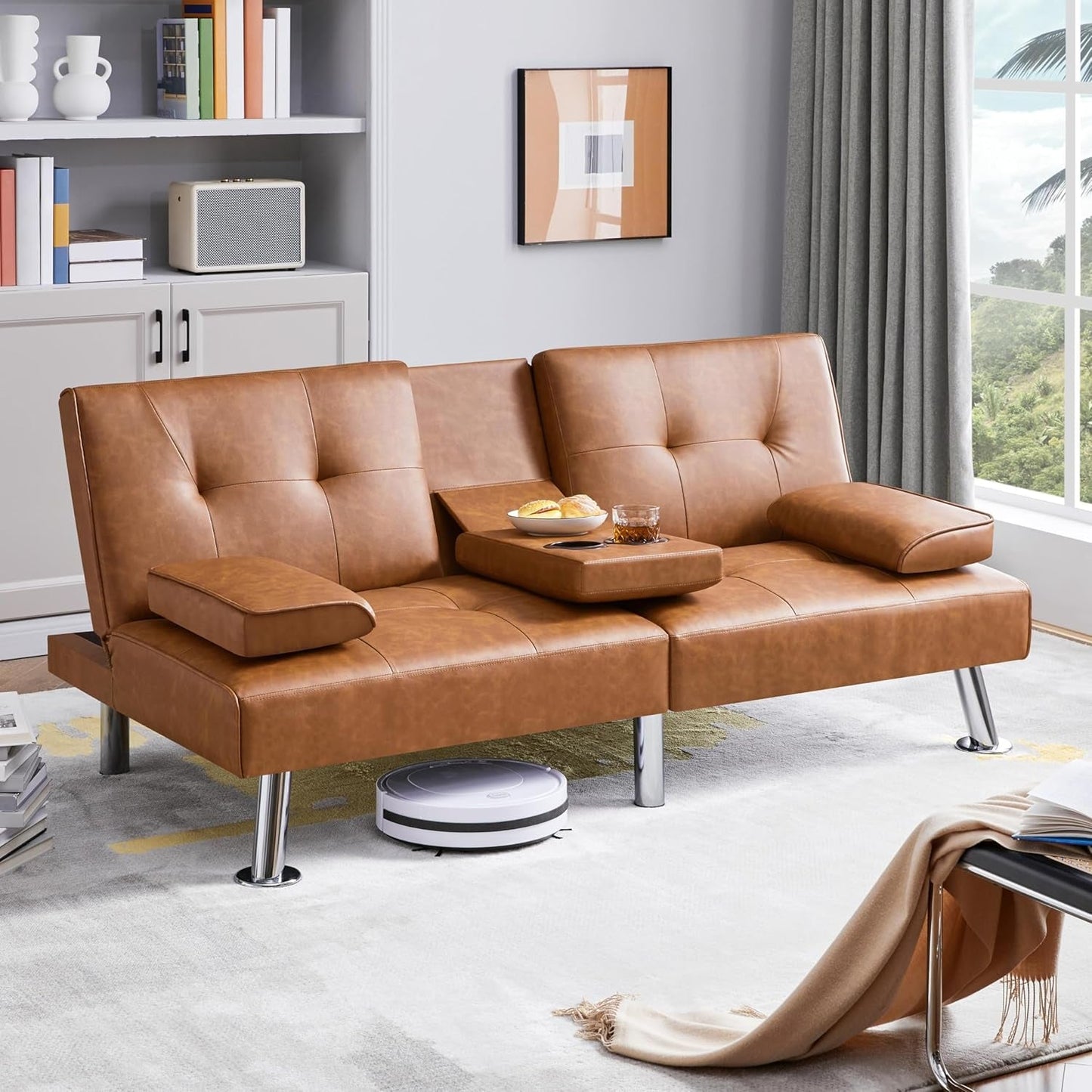 Convertible Sofa Bed Adjustable Couch Sleeper Modern Faux Leather Home