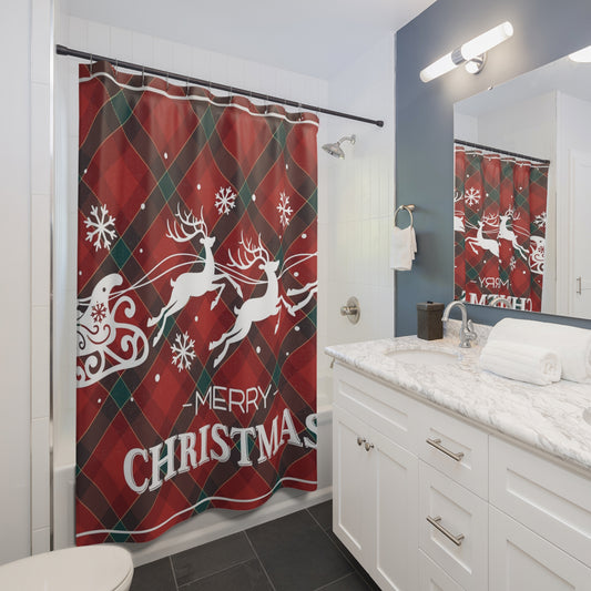 Red Christmas Reindeer Shower Curtain,  Festive Holiday Home Decor, Winter Bathroom Accessories, Xmas Decorations, Seasonal Bath Curtain