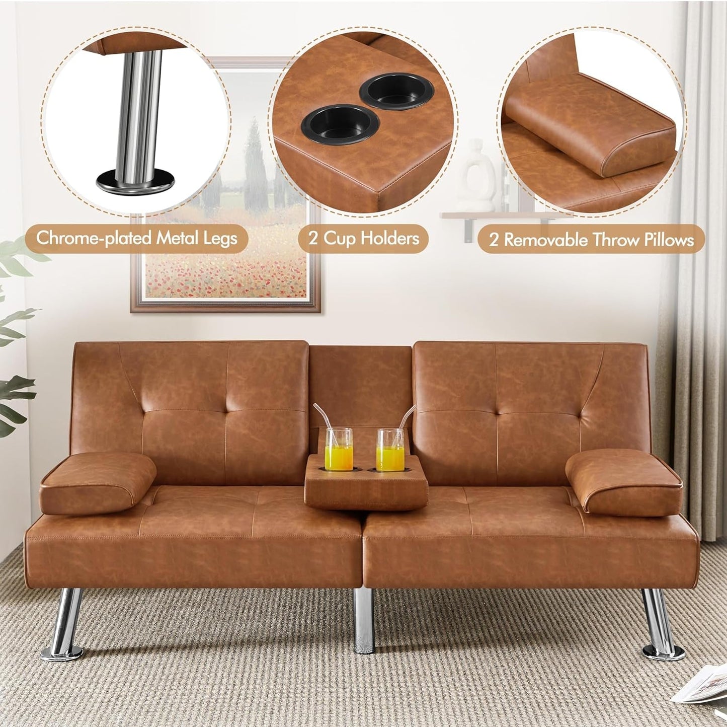 Convertible Sofa Bed Adjustable Couch Sleeper Modern Faux Leather Home