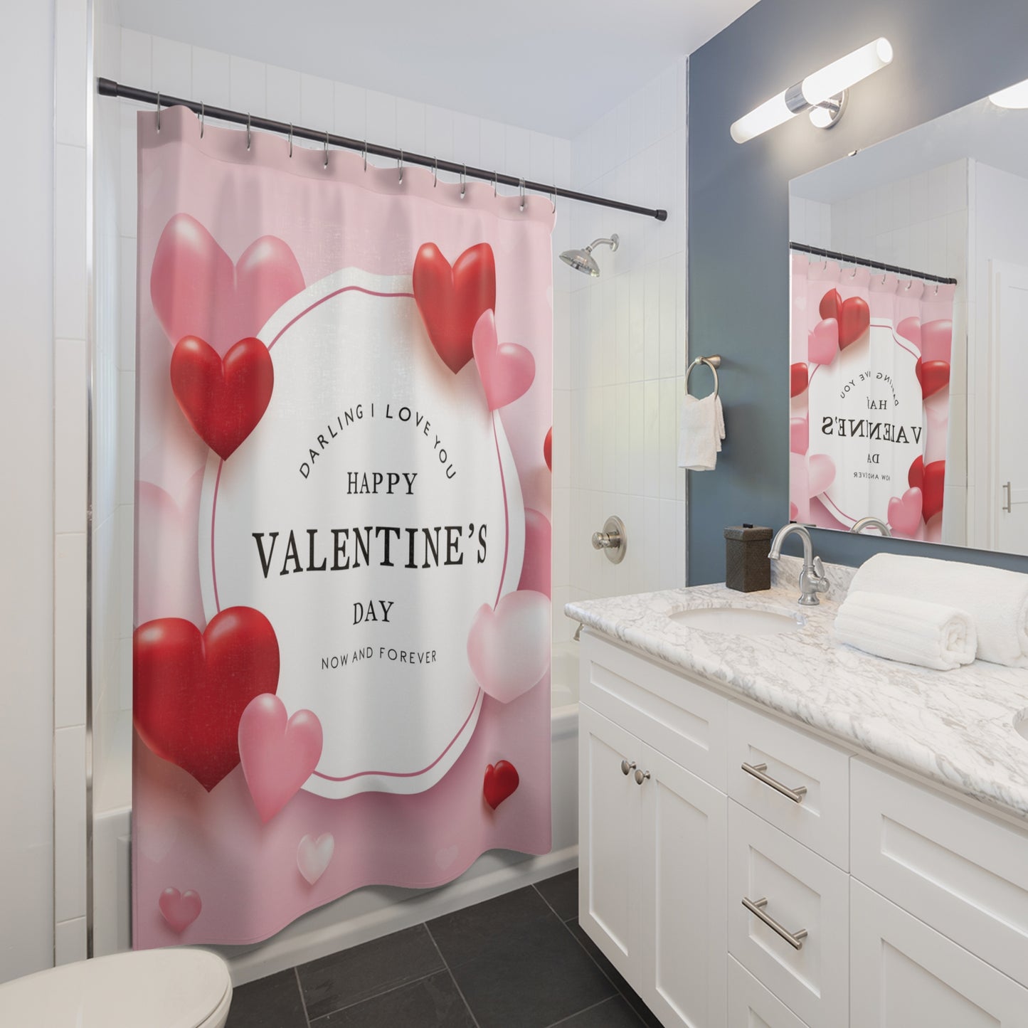Valentine's Day Heart Shower Curtain — 'Happy Valentine's Day' Romantic Bathroom Decor