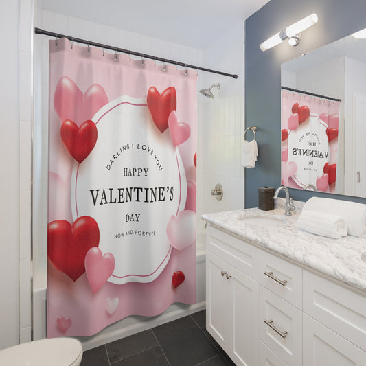 Valentine's Day Heart Shower Curtain — 'Happy Valentine's Day' Romantic Bathroom Decor